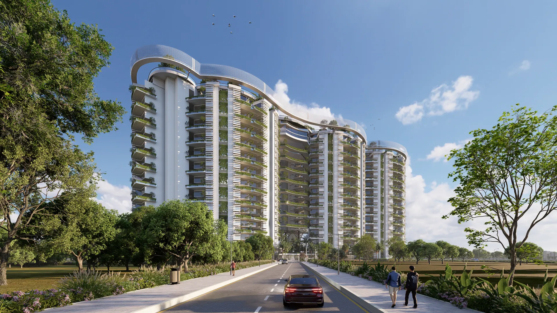 Lakhani Sky Homes seen from the street, the tower rising above its planted podium.
